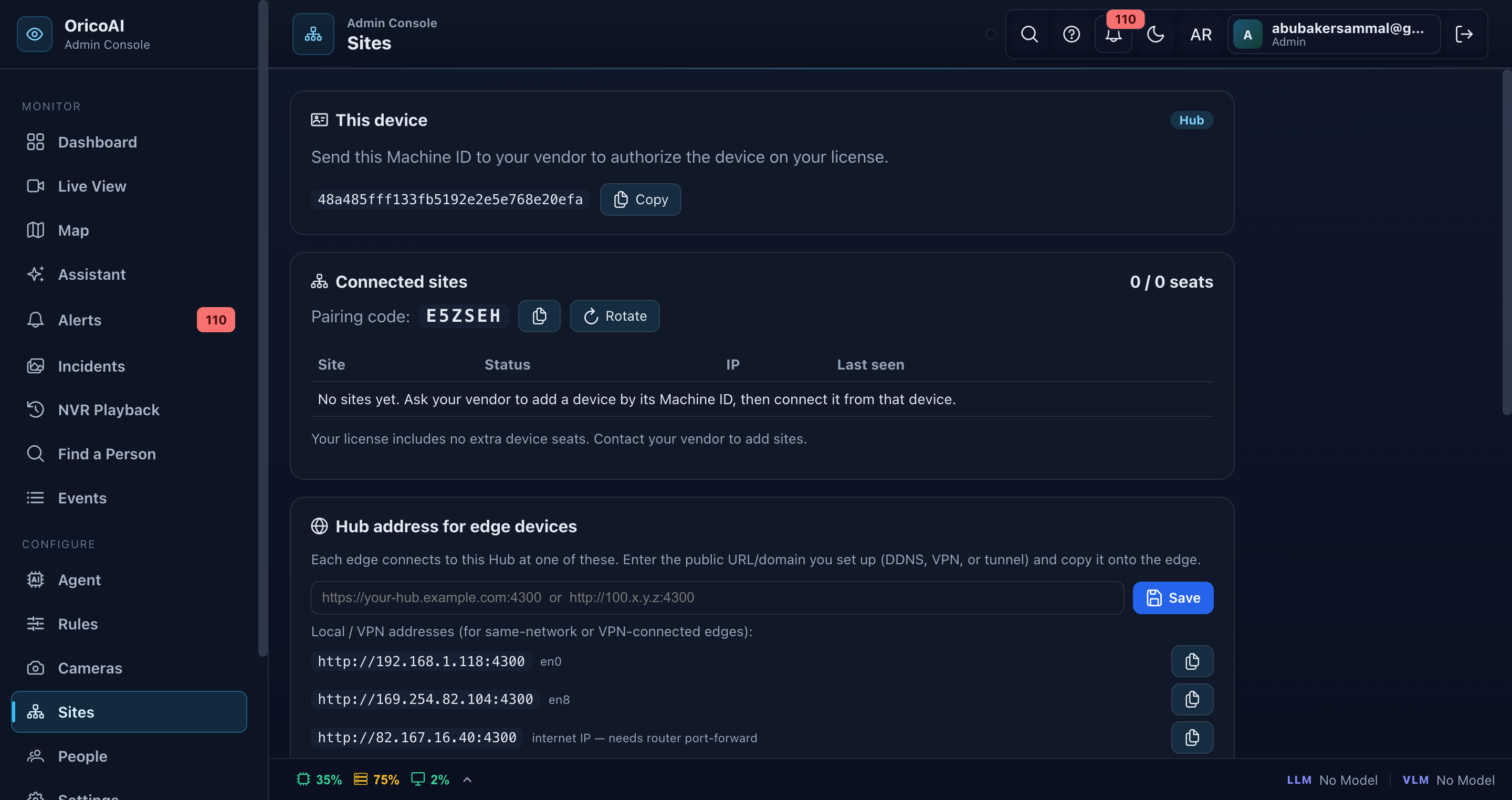 Sites — hub, edge pairing & seats